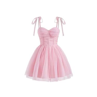 Imagem de Camisa Feminina Tie Shoulder Ruched Bustier Mesh Overlay Cami Dress (Color : Baby Pink, Size : CH)
