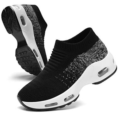 Imagem de Tênis de malha feminino – antiderrapante, sem cadarço, tênis de meia – leve, tênis de corrida com amortecimento de ar, tênis de trabalho, Preto e branco misto, 35