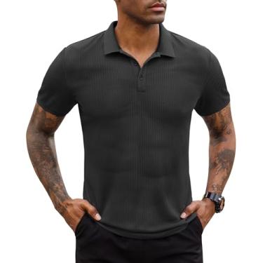 Imagem de Lion Nardo Camisas polo elásticas masculinas de manga curta para golfe, camisetas polo justas para homens, camisas de golfe, tênis, Preto, P