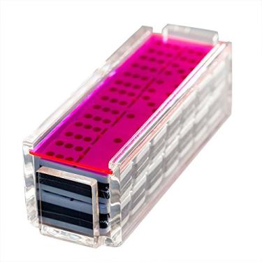 Imagem de Modern Double Six Jumbo Tiles Dominoes Set, Acrylic Box with Acrylic Lid, Professional Two Toned Black and White Dominoes, Brass Center Rivet, Made in USA (Neon Pink)