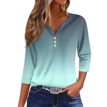 Imagem de Camiseta feminina moda casual gradiente botão cor manga três quartos camiseta térmica roupa íntima feminina, Verde, 3G