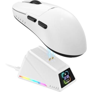 Imagem de A.JAZZ AJ159APEX 8Khz Mouse de Jogo Sem Fio Super Leve 56g com Base de Carregamento Magnético Tela, Sensor PAW3950 42000DPI, Três Modos BT/2.4Ghz/Type-C com Cabo, Programável,FPS,PC,Mac (Branco)