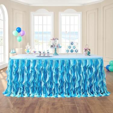 Imagem de leegleri Saia de mesa de tule com babados e salgueiro para mesa retangular de 1,8 m, saia de mesa tutu com tema de tubarão azul oceano sob o mar para chá de bebê, festa de aniversário