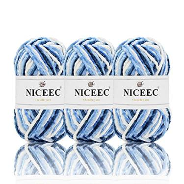 Imagem de NICEEC Manta de fio de chenille macio com 3 novelos, fio de veludo para tricô, fio extravagante, para tecelagem de crochê, artesanato faça você mesmo, comprimento total 3 × 85 m (3 × 93 jardas, 3 × 50
