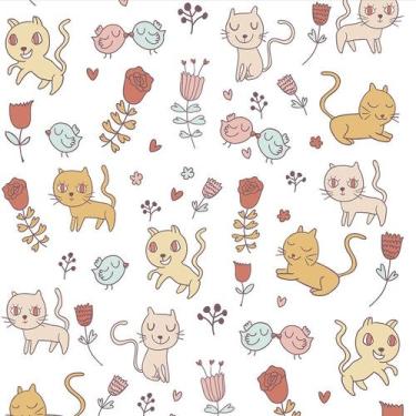 Imagem de Papel de Parede Adesivo Lavável Gatinhos Coloridos com Passarinhos e R
