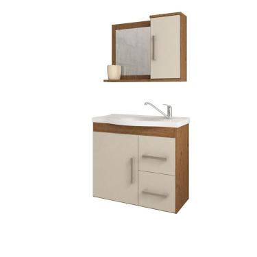 Imagem de Gabinete Para Banheiro Com Lavatório E Espelho Vix Amendoa E Off White MGM Móveis 65cm