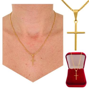 Imagem de Gargantilha Crucifixo Cruz Palito Banhada A Ouro 18k + Garantia e Caix