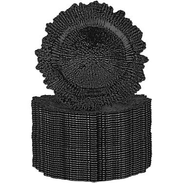 Imagem de Conjunto de 32 pratos carregadores, carregadores de recife para mesa de jantar, bandeja de servir, pratos decorativos de plástico floral para mesa de casamento, 33 cm (preto)