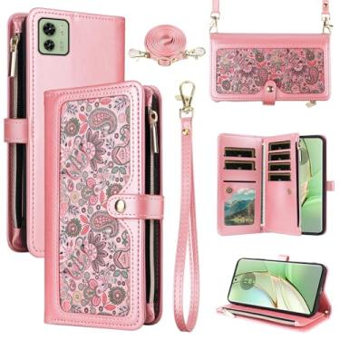 Imagem de Dswteny Capa carteira floral para Motorola Moto Edge 40 5G com alça de ombro, zíper de couro flip suporte para cartão de crédito acessórios capa de celular para Moto Edge 40 5G mulheres homens rosa