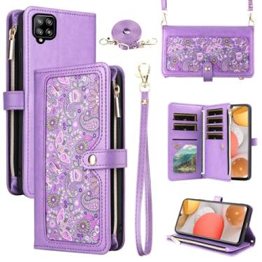 Imagem de Dswteny Capa carteira floral para Samsung Galaxy A42 5G com alça de pulso alça de ombro bolsa com zíper, flip de couro PU, suporte para cartão de crédito, capa para celular A 42 G5 42A S42 4G 2021