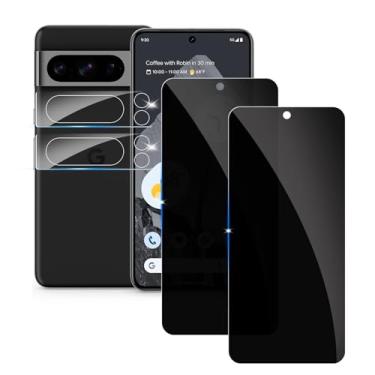 Imagem de 【Pacote com 2 + 2】 Protetor de tela de privacidade para Google Pixel 8 Pro 9H vidro temperado filme privado anti-espião compatível com Pixel 8 Pro e (2 unidades) Protetor de lente de câmera
