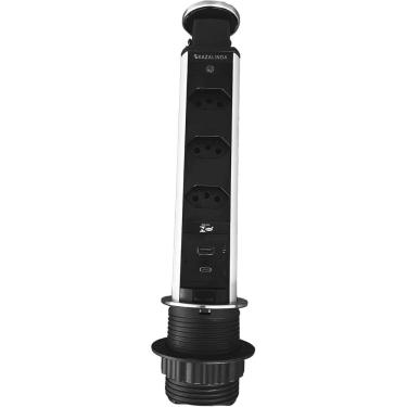 Imagem de Torre de Tomada Multiplug 3 Tomadas 1 USB e 1 USBC Inox
