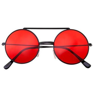 Imagem de grinderPUNCH Óculos de sol vintage Steam Punk redondo flip up para homens e mulheres armação de metal retrô, Armação preta - Lente vermelha, X-Large