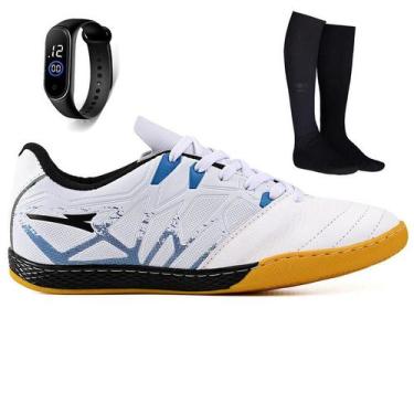 Imagem de Kit Chuteira Futsal Quadra Bico de Couro Futebol Salao + Meião + Relog