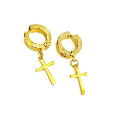 Imagem de Brincos Argola Com Cruz Dourado Aço Inox Legitimo Estiloso - ALRA SEMI