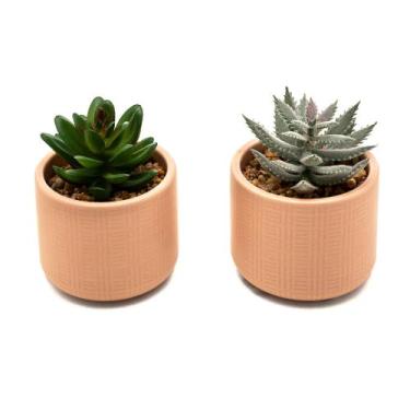 Imagem de Kit 2 Arranjos Artificial Planta Suculenta Verde Vasos Vasinhos Cerâmi