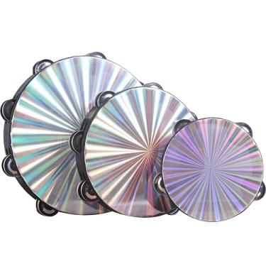 Imagem de Pacote com 3 tambores de mão de pandeiro radiante de 16/8/25 cm, pandeiros refletivos para adultos, instrumentos musicais para igreja, festa, dança, KTV