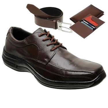 Imagem de Sapatos Social Masculino Confortável Couro Premium Macio Com Cinto e Carteira Cor:Marrom;Tamanho:46;Gênero:Masculino