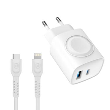 Imagem de Gshield Carregador Survivor 3 em 1 Power Delivery 23W com Base de Carregamento Magnética Sem Fio para Apple Watch Integrada + Cabo Dual Shock (Tipo C/Lightning, Branco 1,2m)