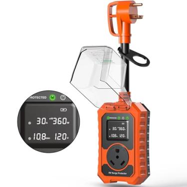 Imagem de Losrik protetor contra surtos de rv 30 A à prova d'água - protetores de energia inteligentes de 30 A com monitor de kwh, tensão e corrente em tempo real, tela grande, analisador de circuito
