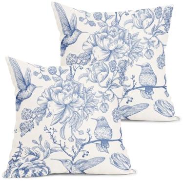 Imagem de Chinoiserie Capas de travesseiro florais azuis e brancas 45,7 x 45,7 cm francês país vintage flores pássaros conjunto de 2 almofadas sazonais de linho de algodão decoração de casa de fazenda para sofá