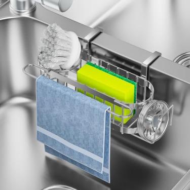 Imagem de Cisily Suporte de esponja prateado para pia de cozinha pendurado na pia, organizador de pia de cozinha em aço inoxidável, porta escova, cabide de pano de prato, suporte para rolha de pia com