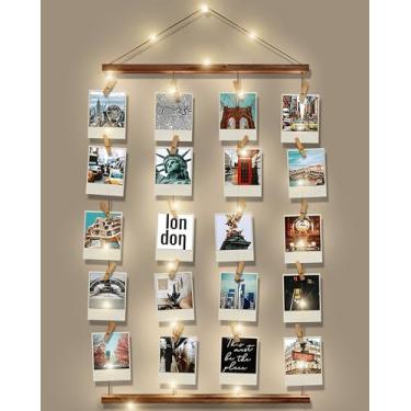 Imagem de Decoração de parede com colagem de molduras – quadro de fotos para exibição de polaróide com 30 clipes e cordas ajustáveis, cordão de luz de 15 m, arte pendurada em vários cabides, 40 cm C x 70 cm L
