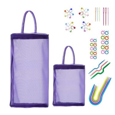 Imagem de Bolsa de armazenamento de fios com 2 peças, bolsa de fio portátil para suporte de malha, bolsa de armazenamento portátil de lã, bolsa organizadora de bolas de fio + 53 peças de kits de tricô de crochê