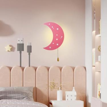 Imagem de Luminária de parede lunar operada por bateria, luz noturna para quarto infantil, luzes de parede LED com interruptor de cordão, iluminação de parede acrílica, luminárias modernas de cabeceir