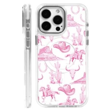 Imagem de DAIZAG Capa para iPhone 13 Pro, [compatível com MagSafe], capa de telefone vintage rosa chapéu de cowboy cavalos cactos para mulheres meninas capa magnética transparente para iPhone 13 Pro