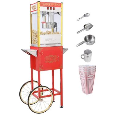 Imagem de Pipoqueira Elétrica Estilo Cinema com Rodas e Chaleira de 236g Rende até 7L de Pipoca Inclui Colher de Pipoca e Colher de Óleo, 850W, ROVSUN, Vermelha