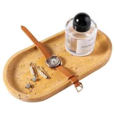 Imagem de Koville Bandeja de travertino natural para penteadeira de banheiro, bandejas de mármore amarelo dourado nobre para organizador de bancada, bandeja decorativa de decoração de casa para perfume, velas,