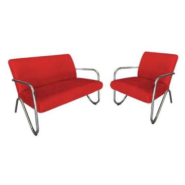 Imagem de Kit Namoradeira + Poltrona Decorativa Bela Suede Vermelho Braço Cromad