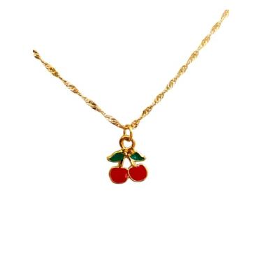 Imagem de Colar Infantil Cereja Banhado a Ouro 18K, Antialérgico, 35 cm, Vermelho e Verde