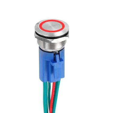 Imagem de DMiotech 1 peça 19 mm / 3/10.2 cm interruptor de botão de trava de aço inoxidável 1NO 15A 12-24V botão prata anel vermelho lâmpada com plugue soquete com fio para sistemas de barco de carro