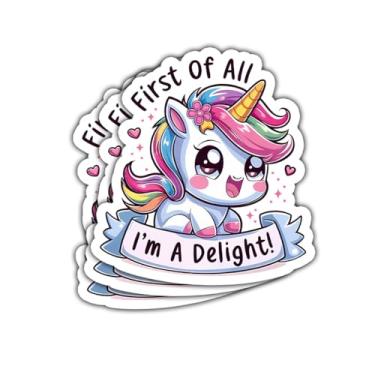 Imagem de Adesivo impermeável First of All I'm A Delight Unicorn com 3 peças, adesivo fofo de unicórnio, adesivo de vinil I'm A Delight, adesivos de animais engraçados - adesivo para laptop, garrafa de água,
