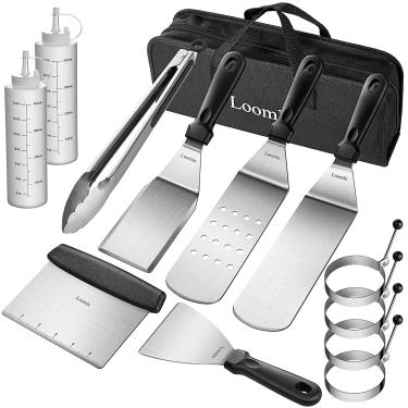 Imagem de Loomla Kit de acessórios de grelha para pedra negra, 13 peças de acessórios de grelha de topo plano com raspador de alimentos, espátulas, pinças, 2 garrafas, 4 anéis de ovo, conjunto de espátulas de grelha, acessórios de churrasco para acampamento
