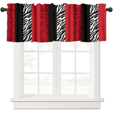 Imagem de Cortina de sanefa de cozinha vermelha e preta, estampa de animais de leopardo, zebra, cozinha, janelas, sanefas, bolso para varão, tratamento de janela, cortinas curtas para cozinha, sala de estar, 1