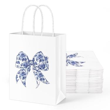 Imagem de FYSUIMU 16 peças de sacos de presente de papel laço azul chinoiserie floral laço festa lembrancinha saco com alça coquete goodie doces saco para aniversário chá de bebê despedida de solteira