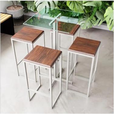 Imagem de Conjunto Mesa Alta Bar Bistrô Quadrada Vidro 4 Bancos Imbuia Industrial White