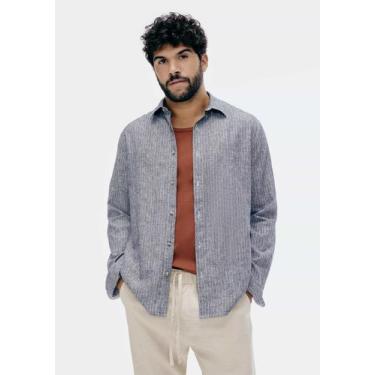 Imagem de Camisa Masculina Manga Longa Listrada Em Linho - Hering, M, Cinza