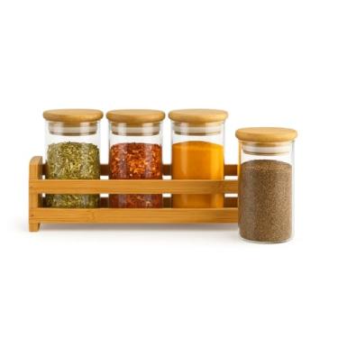 Imagem de Conjunto de 4 Potes Herméticos 100ml para Tempero com Tampa de Bambu e Suporte Organizadores para Cozinha Potes Para Temperos Vidro Resistente