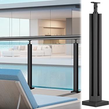 Imagem de Balaustrada de vidro preto de metal para ambientes internos e externos, sistema de balaustrada quadrada de suporte de piso resistente com cobertura de base, guarda-corpos de terraço para varanda