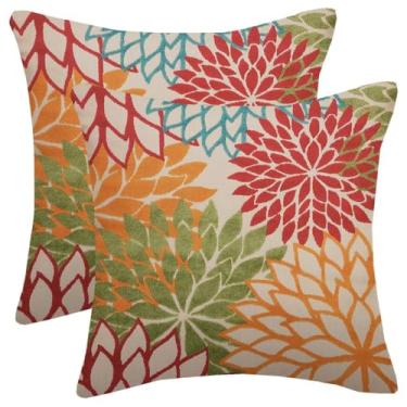 Imagem de AELUTYSH Capas de almofada de dália laranja verde 50 x 50 cm conjunto de 2 almofadas decorativas florais rústicas vermelhas azul-petróleo dália casa de fazenda decoração de flores geométricas capa de