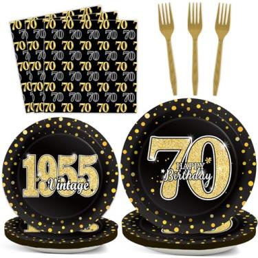 Imagem de 200 peças de utensílios de mesa para festa de aniversário de 70 anos vintage 1955 artigos de decoração de festa de aniversário de 70 anos, pratos, guardanapos, garfos, lembrancinhas pretas e douradas