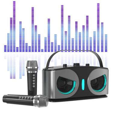 Imagem de Caixa de som Bluetooth Owl com aplicativo de karaokê e microfones duplos - Sistema de som portátil, reprodução de disco TF/U, cancelamento de voz, 5 modos de som + eco/reverberação, alcance de 1