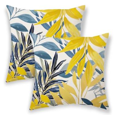 Imagem de Capas de almofada de verão para ambientes externos, 45,7 x 45,7 cm, 2 peças, folhas decorativas de palmeira azul marinho tropical e amarela, folhas de fazenda, capa de almofada de linho para sofá