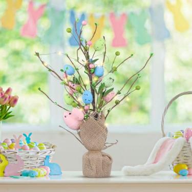 Imagem de 40 cm Árvore de ovos de Páscoa com luzes LED, ornamento colorido árvore Páscoa decoração mesa centro mesa árvore ovos artificial decorações plantas Páscoa para casa, festa, casamento, férias