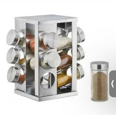 Imagem de Porta Temperos Giratório Inox com 12 Potes de Vidro 80g, Base 360°, Design Moderno, Organização Prática e Sofisticada para Cozinha Potes Para Tempero
