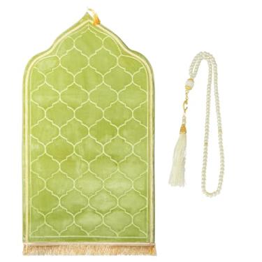 Imagem de zhxinashu Tapete de oração muçulmano, tapete de oração grosso, tapete islâmico muçulmano para homens e mulheres com contas para viagem Eid Ramadã (verde)